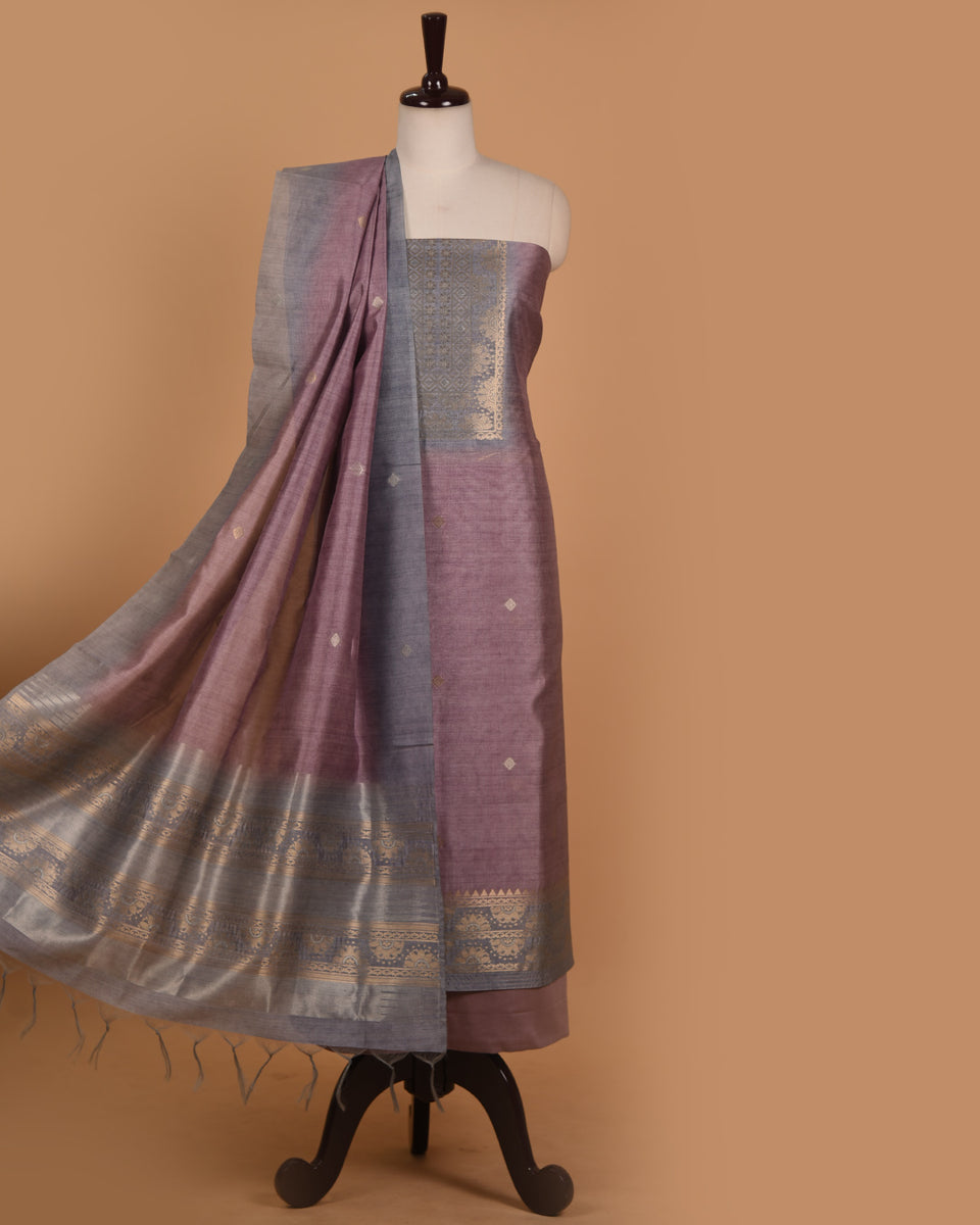 Mauve Woven Design Chanderi Silk Straight Suit Set With Dupatta