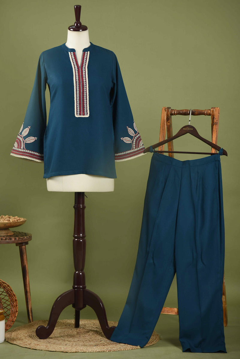 Teal Blue Winter Wear Wool Spun Blend Deco Embroidered Co-ord Set- Reg ...