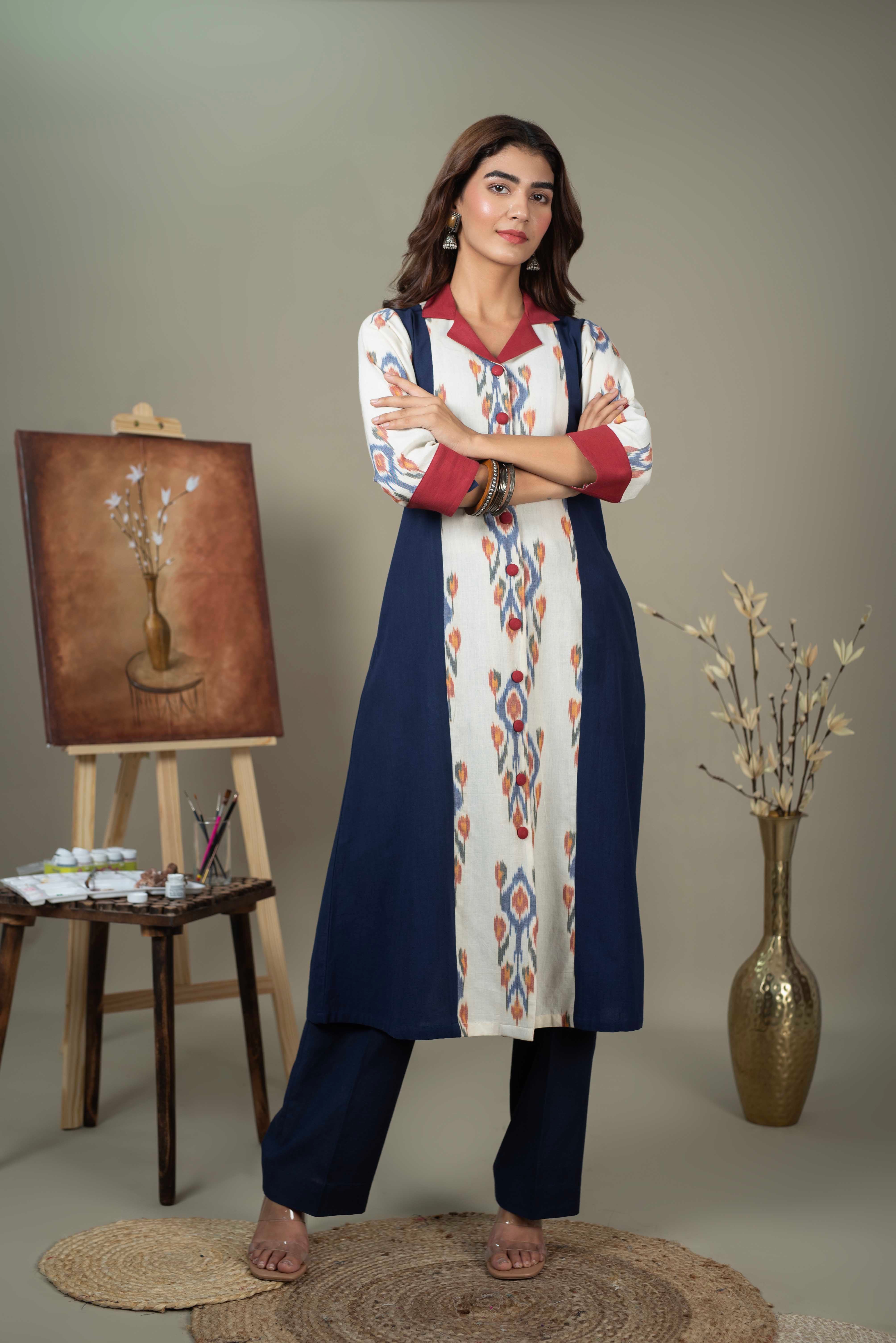 Blue with White Pure Handloom Ikkat Cotton A-Line Kurta Set with Pants – Regular Fit S Blue Handloom Cotton