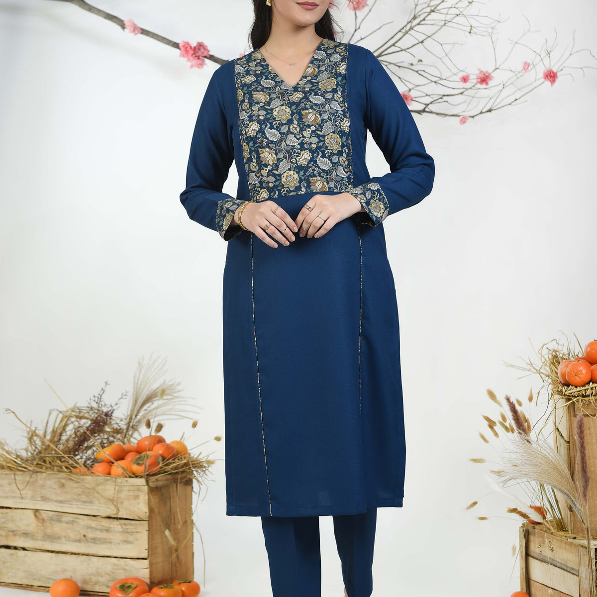Blue Wth Printed Yoke Winter Wear Wool Spun Blend V-Neck Kurta Set-Reg ...