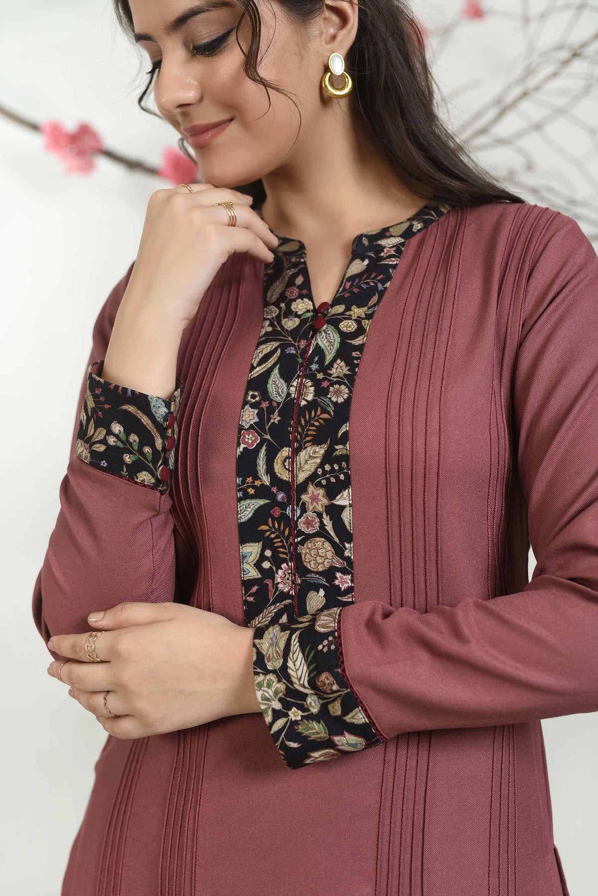 Dusty Pink Winter Wear Wool Spun Blend Pintuck Kurta Set-Regular Fit ...