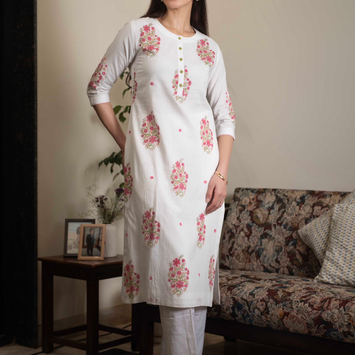Off White With Pink Cotton Dobby Hand Block Printed With Embroidery Ku ...